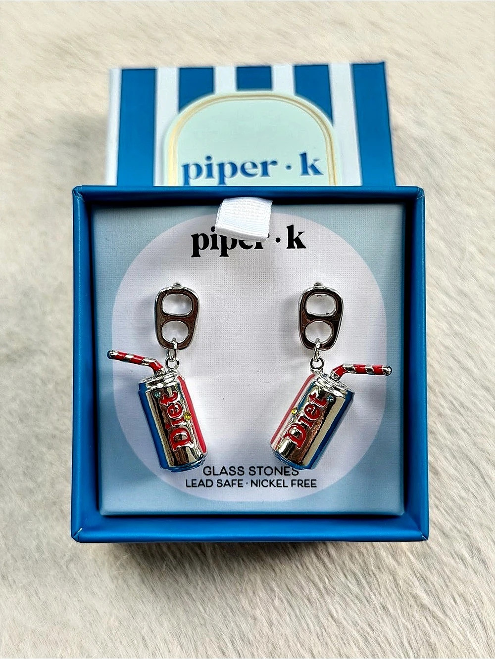 Piper K Diet Coke Dangle Earrings Soda Can Straw Post Back Silver Nickel Free